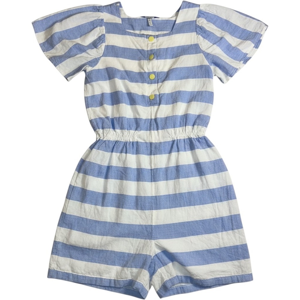 Joules Girls Blue White Striped Romper Puff Sleeve Yellow Buttons Size 11-12Y